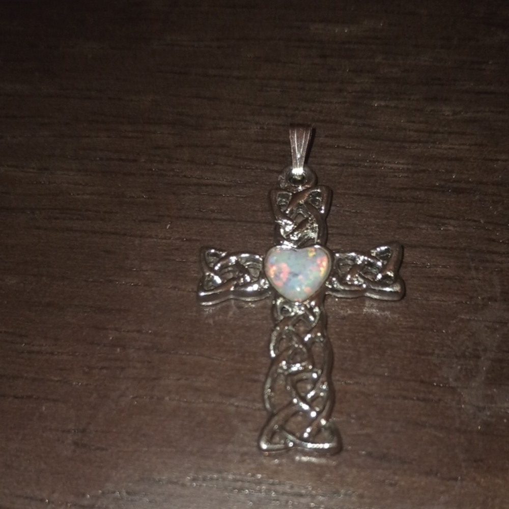 Beautiful Pendant Silver Tone Cross Iridescent Heart Cabochon 1 1/8x 3/4